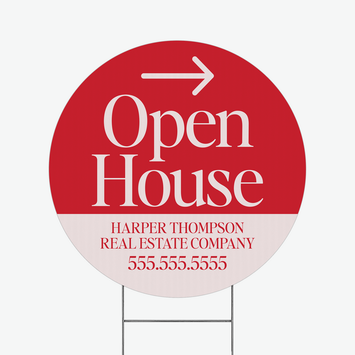 Customizable | Directional Open House Circle Real Estate Yard Sign Directional Sign Market Dwellings BRIGHT RED