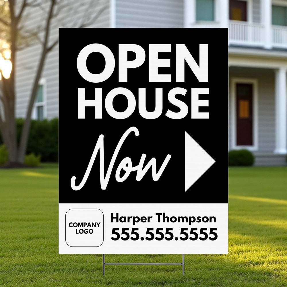 Open house sign with contact information in front of a house