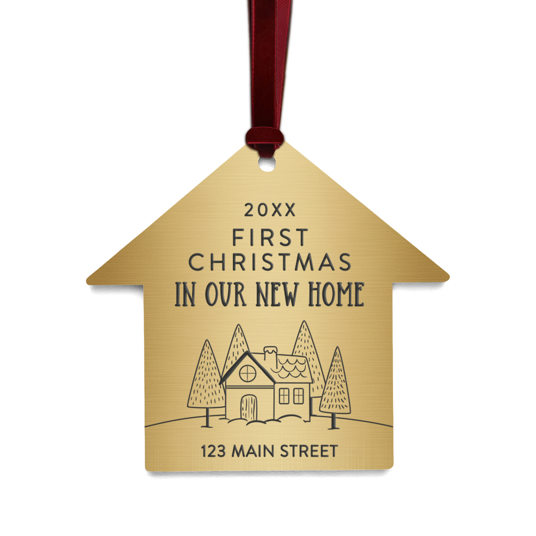 Customizable | First Christmas In Our New Home Ornaments Ornament Market Dwellings GOLD BURGUNDY
