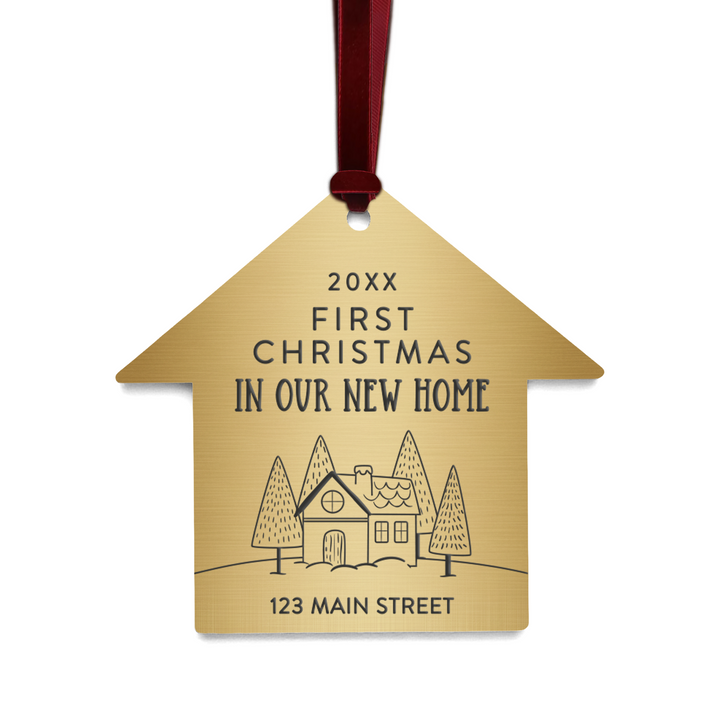 Customizable | First Christmas In Our New Home Ornaments Ornament Market Dwellings GOLD BURGUNDY