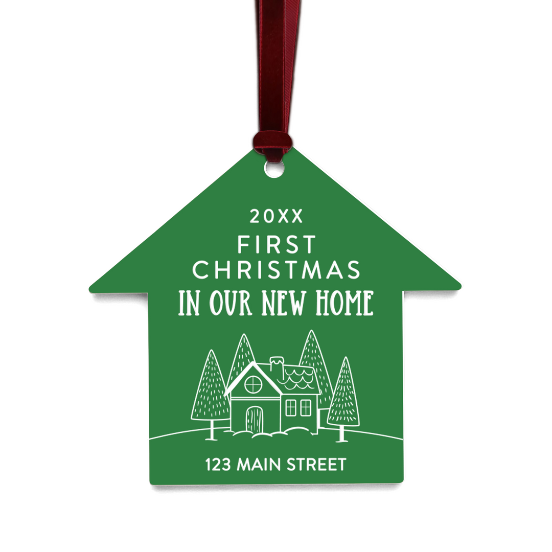 Customizable | First Christmas In Our New Home Ornaments Ornament Market Dwellings GREEN BURGUNDY