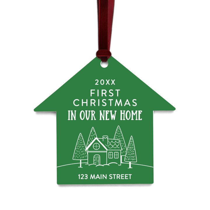 Customizable | First Christmas In Our New Home Ornaments Ornament Market Dwellings GREEN BURGUNDY