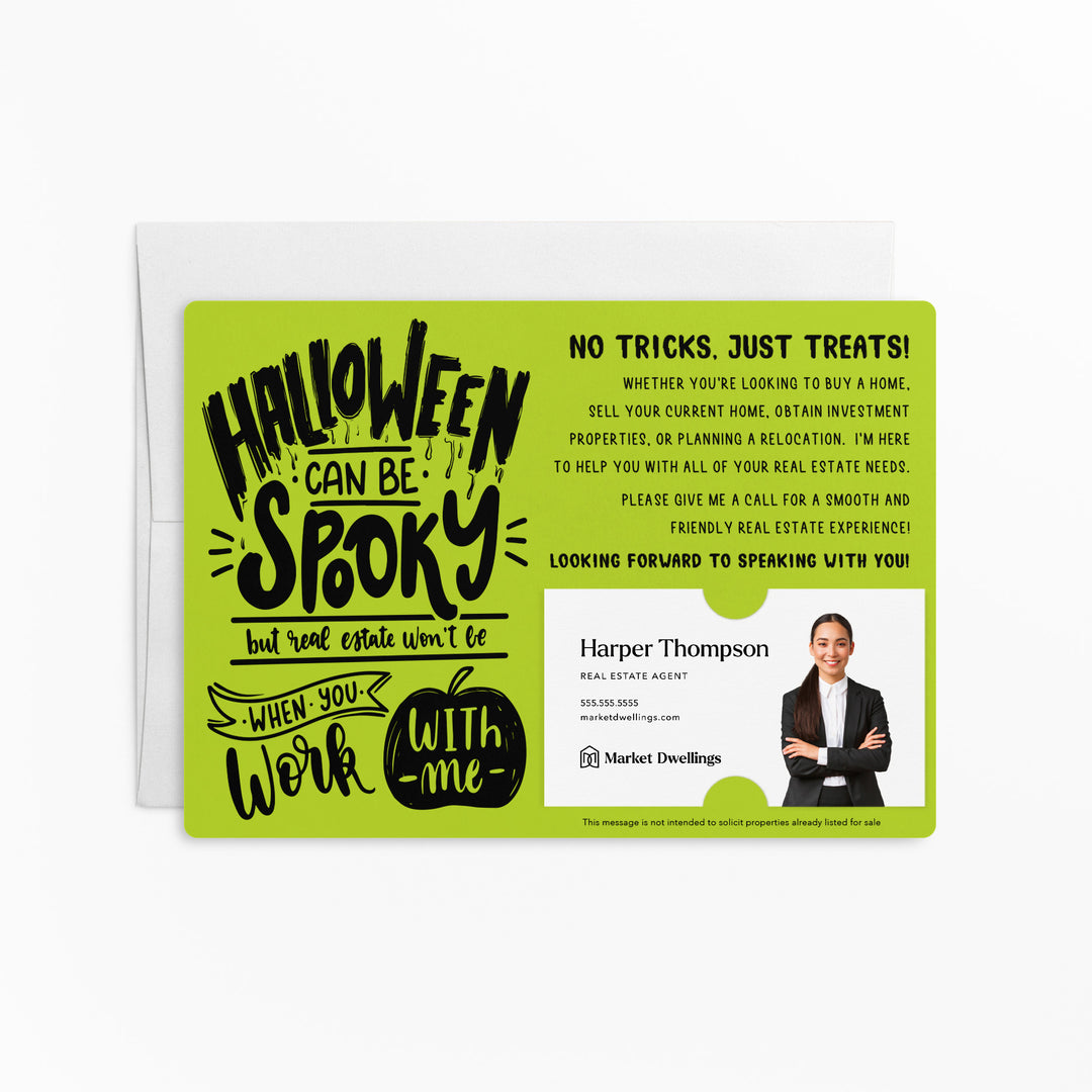 Set of "Halloween Can Be Spooky" Real Estate Mailer | Envelopes Included | H1-M003 Mailer Market Dwellings GREEN APPLE