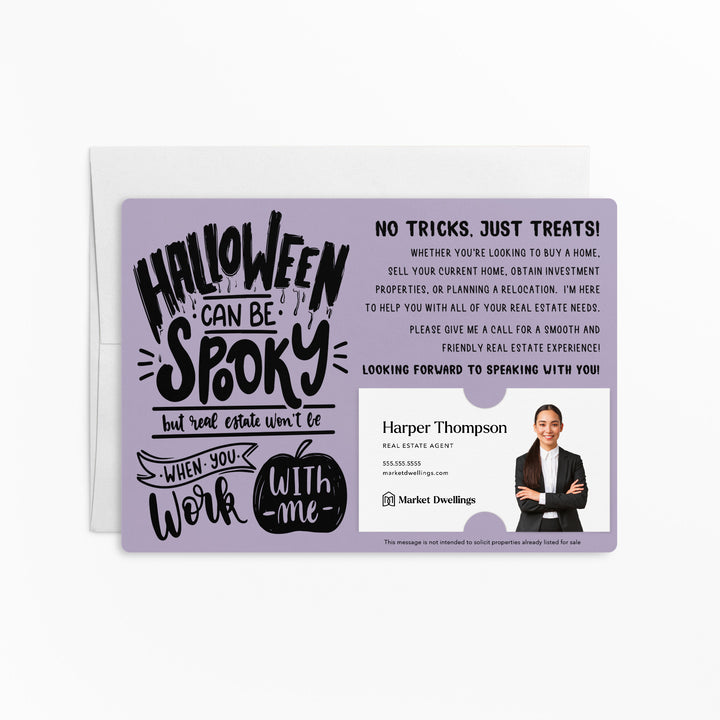 Set of "Halloween Can Be Spooky" Real Estate Mailer | Envelopes Included | H1-M003 Mailer Market Dwellings LIGHT PURPLE