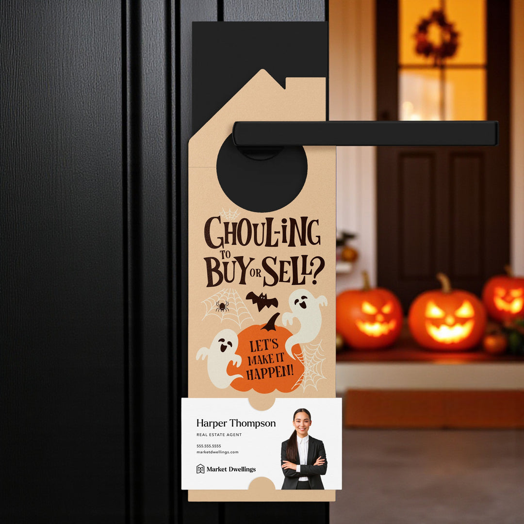 Halloween-themed real estate door hanger with pumpkins and ghosts on a black door, blurred background of pumpkins and wreath.