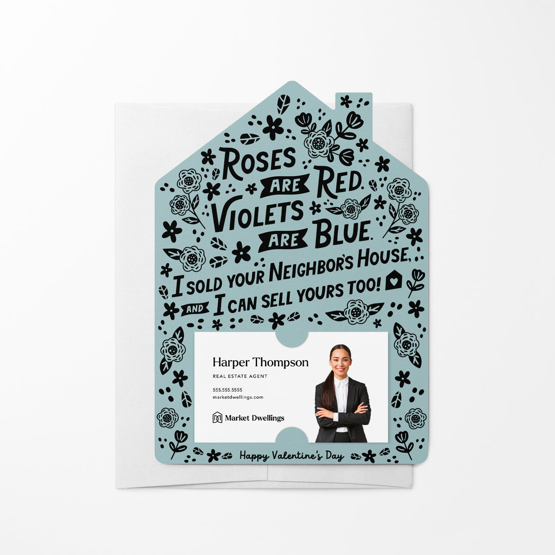 Set of Roses Are Red. Violets Are Blue. I Sold Your neighbor's House, And I Can Sell Yours Too! | Valentine's Day Mailers | Envelopes Included | M102-M001 Mailer Market Dwellings LIGHT BLUE