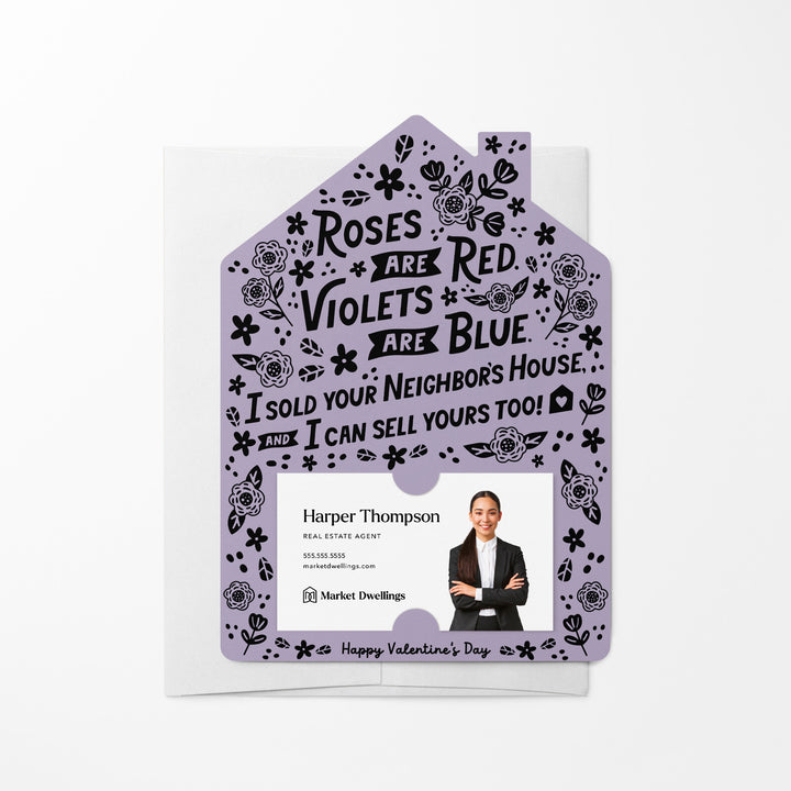 Set of Roses Are Red. Violets Are Blue. I Sold Your neighbor's House, And I Can Sell Yours Too! | Valentine's Day Mailers | Envelopes Included | M102-M001 Mailer Market Dwellings LIGHT PURPLE