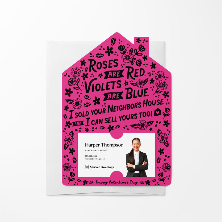 Set of Roses Are Red. Violets Are Blue. I Sold Your neighbor's House, And I Can Sell Yours Too! | Valentine's Day Mailers | Envelopes Included | M102-M001 Mailer Market Dwellings RAZZLE BERRY