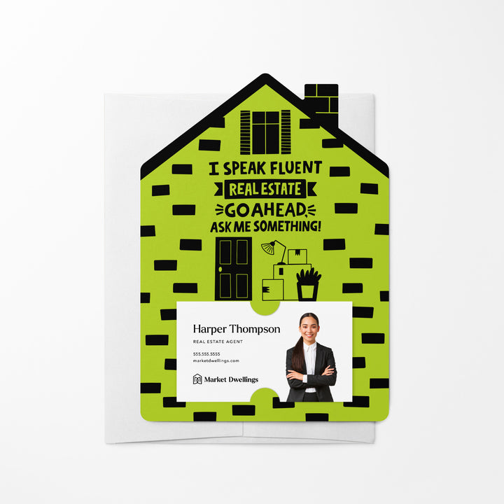 Set of I Speak Fluent Real Estate. Go Ahead, Ask Me Something! | Mailers | Envelopes Included | M107-M001 Mailer Market Dwellings GREEN APPLE