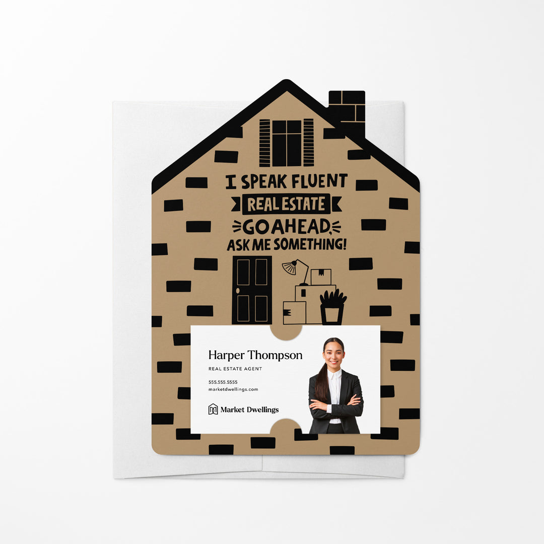 Set of I Speak Fluent Real Estate. Go Ahead, Ask Me Something! | Mailers | Envelopes Included | M107-M001 Mailer Market Dwellings KRAFT