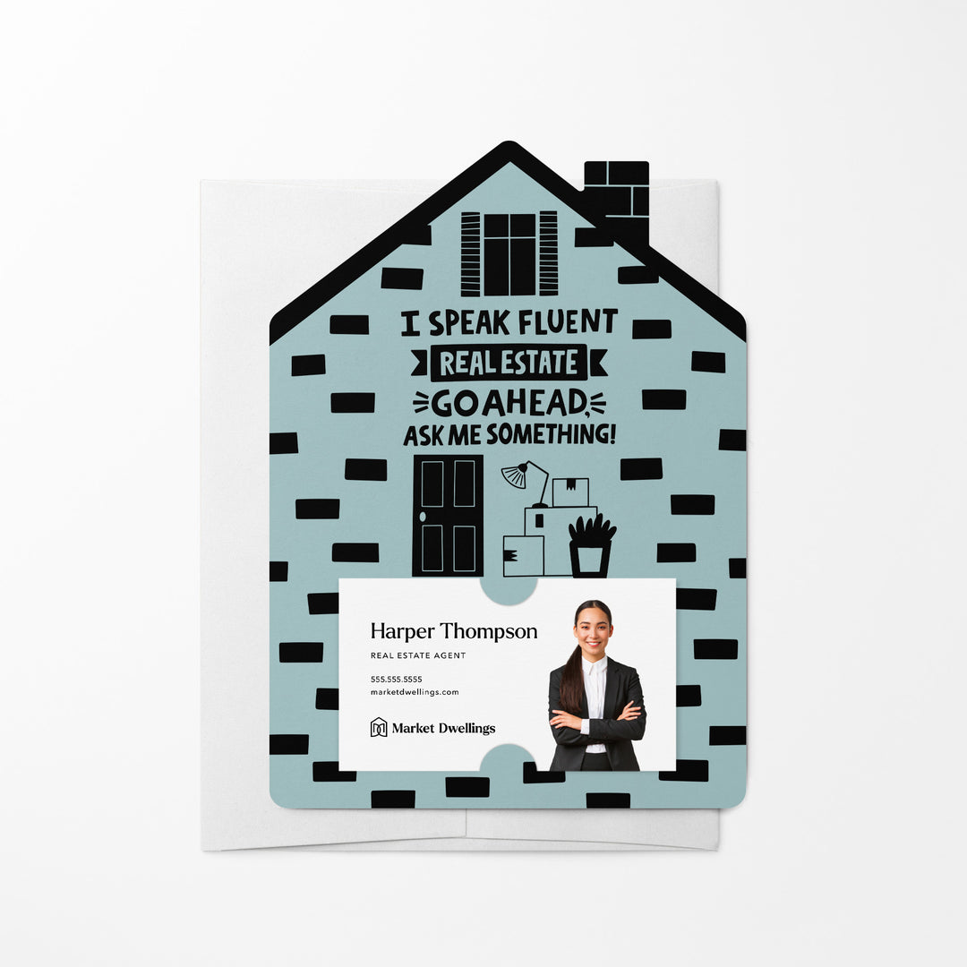 Set of I Speak Fluent Real Estate. Go Ahead, Ask Me Something! | Mailers | Envelopes Included | M107-M001 Mailer Market Dwellings LIGHT BLUE