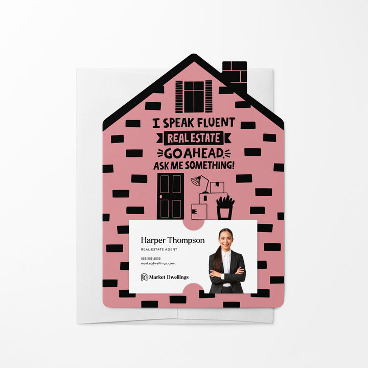 Set of I Speak Fluent Real Estate. Go Ahead, Ask Me Something! | Mailers | Envelopes Included | M107-M001 Mailer Market Dwellings LIGHT PINK