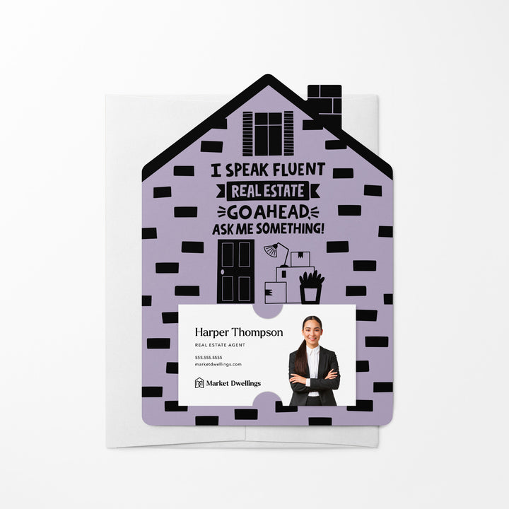 Set of I Speak Fluent Real Estate. Go Ahead, Ask Me Something! | Mailers | Envelopes Included | M107-M001 Mailer Market Dwellings LIGHT PURPLE