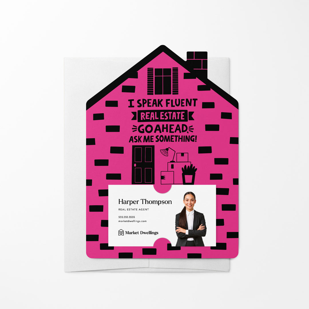 Set of I Speak Fluent Real Estate. Go Ahead, Ask Me Something! | Mailers | Envelopes Included | M107-M001 Mailer Market Dwellings RAZZLE BERRY