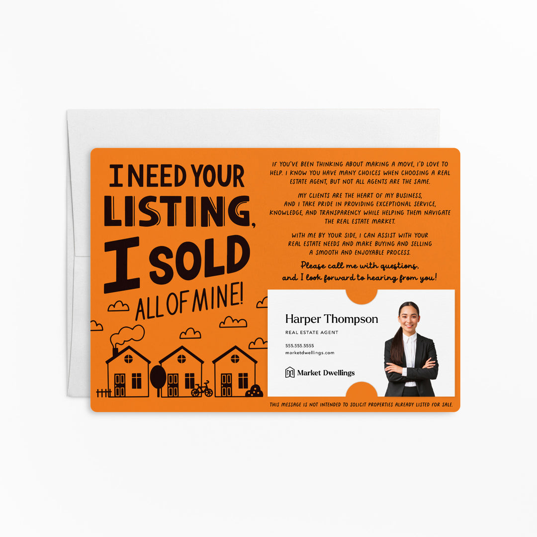 Set of I Need Your Listing, I Sold All Of Mine! | Mailers | Envelopes Included | M119-M003 Mailer Market Dwellings CARROT