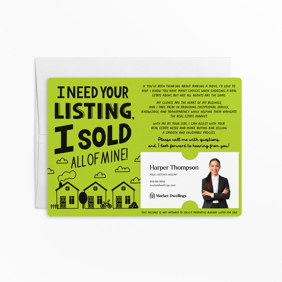 Set of I Need Your Listing, I Sold All Of Mine! | Mailers | Envelopes Included | M119-M003 Mailer Market Dwellings GREEN APPLE