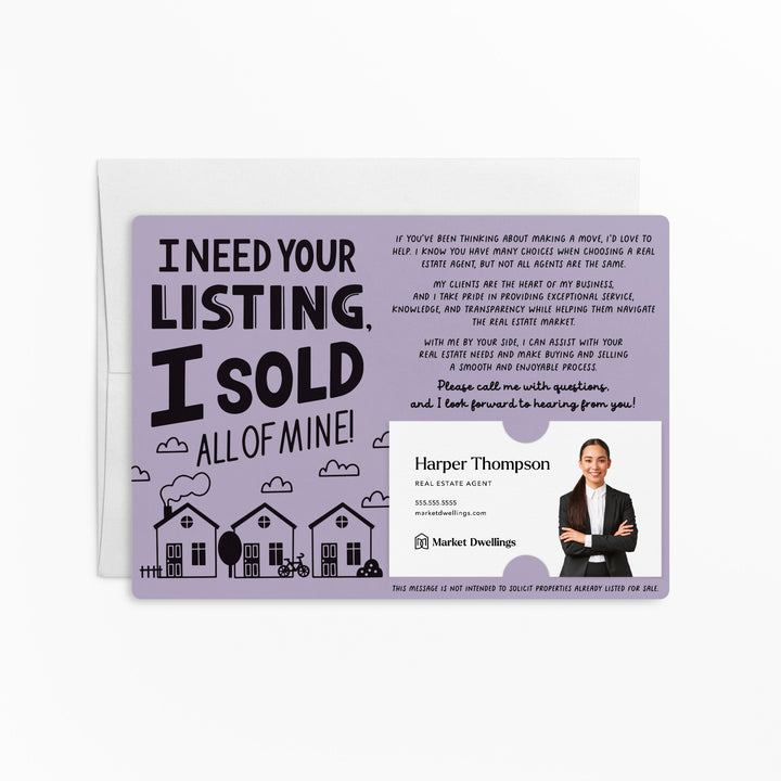 Set of I Need Your Listing, I Sold All Of Mine! | Mailers | Envelopes Included | M119-M003 Mailer Market Dwellings LIGHT PURPLE