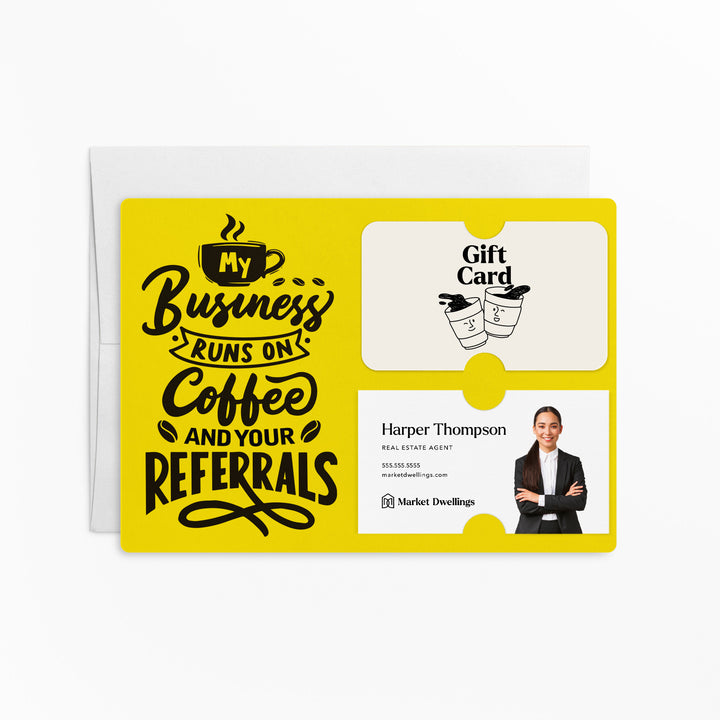 Set of "Coffee and Your Referrals Keep My Business Running" Gift Card & Business Card Holder Mailer | Envelopes Included | M12-M008 Mailer Market Dwellings LEMON