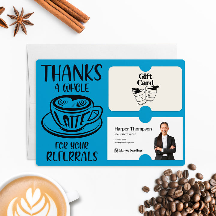 Set of Thanks A Whole Latte For Your Referrals Gift Card & Business Card Holder Mailers | Envelopes Included | M14-M008 Mailer Market Dwellings