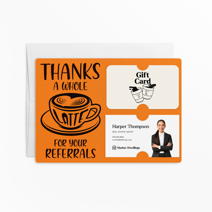 Set of Thanks A Whole Latte For Your Referrals Gift Card & Business Card Holder Mailers | Envelopes Included | M14-M008 Mailer Market Dwellings CARROT