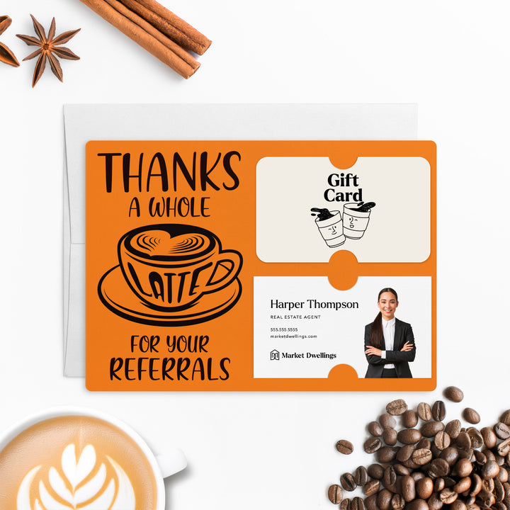 Set of Thanks A Whole Latte For Your Referrals Gift Card & Business Card Holder Mailers | Envelopes Included | M14-M008 Mailer Market Dwellings