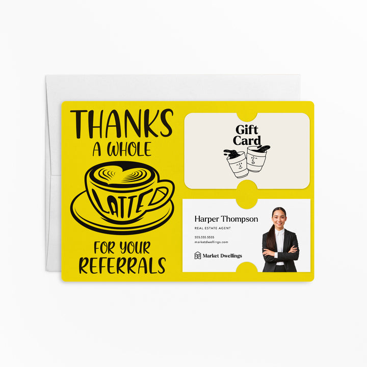 Set of Thanks A Whole Latte For Your Referrals Gift Card & Business Card Holder Mailers | Envelopes Included | M14-M008 Mailer Market Dwellings LEMON