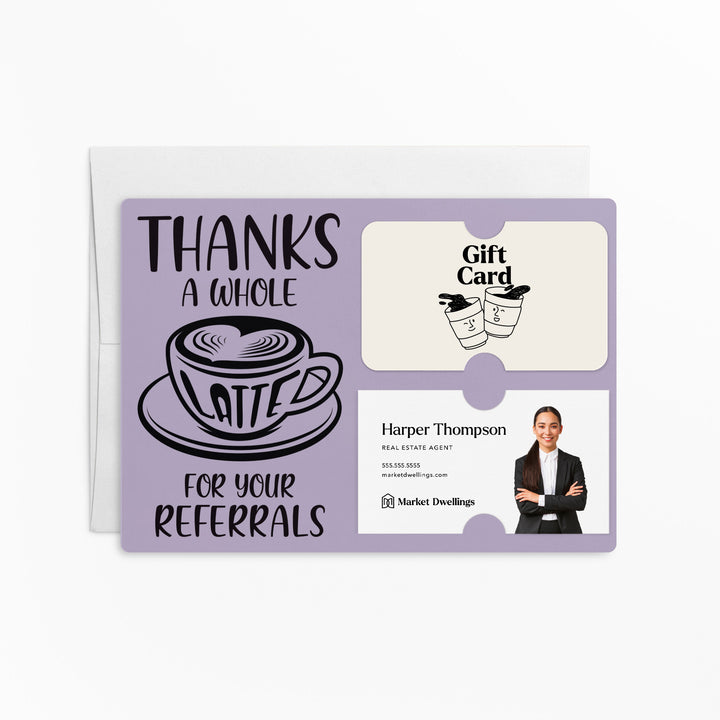 Set of Thanks A Whole Latte For Your Referrals Gift Card & Business Card Holder Mailers | Envelopes Included | M14-M008 Mailer Market Dwellings LIGHT PURPLE