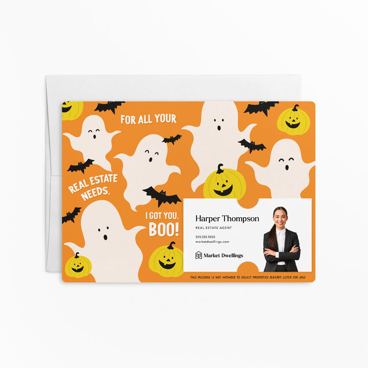 Set of For all your real estate needs, I got you, BOO! | Halloween Mailers | Envelopes Included | M143-M003-AB Mailer Market Dwellings ORANGE