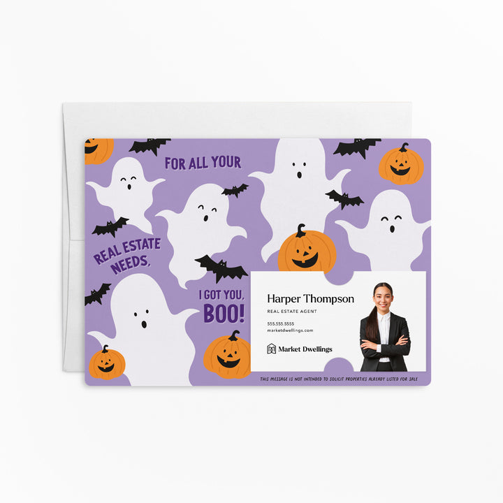 Set of For all your real estate needs, I got you, BOO! | Halloween Mailers | Envelopes Included | M143-M003-AB Mailer Market Dwellings PURPLE