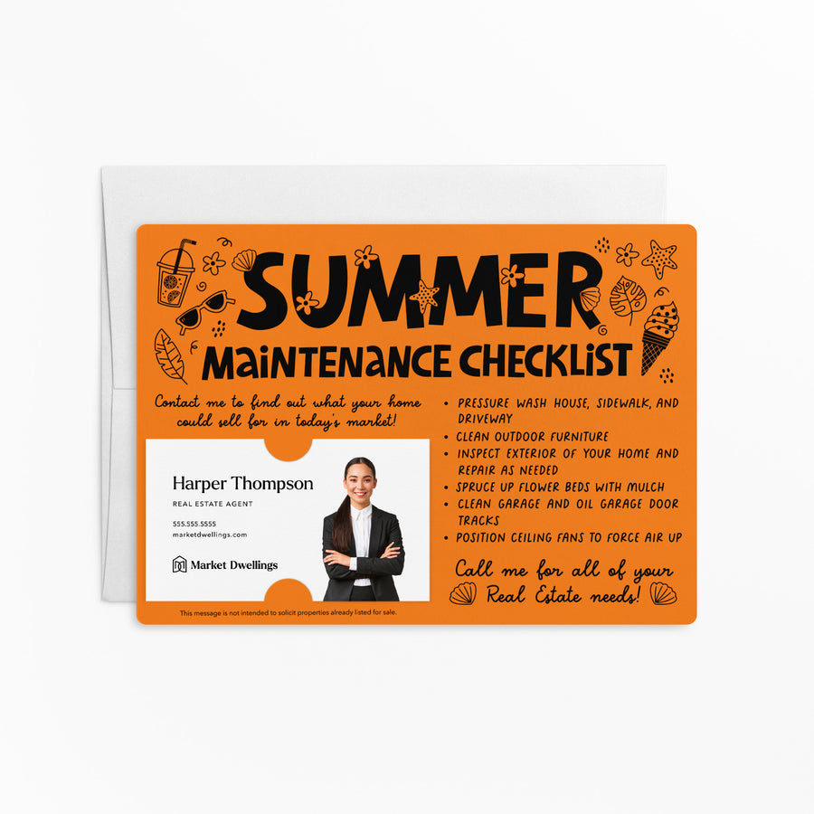 Set of "Hello Summer Maintenance Checklist" Mailers | Envelopes Included | M15-M004 Mailer Market Dwellings CARROT