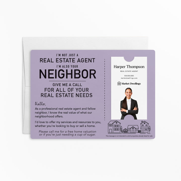 For Vertical Business Cards | Set of "I'm not just a Real Estate Agent, I'm also your Neighbor" Mailer | Envelopes Included | M15-M005 Mailer Market Dwellings LIGHT PURPLE