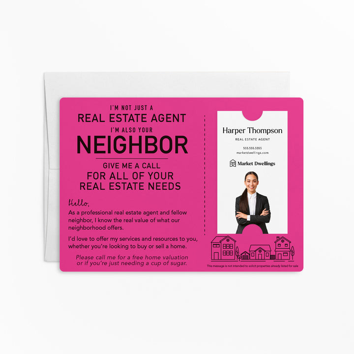 For Vertical Business Cards | Set of "I'm not just a Real Estate Agent, I'm also your Neighbor" Mailer | Envelopes Included | M15-M005 Mailer Market Dwellings RAZZLE BERRY