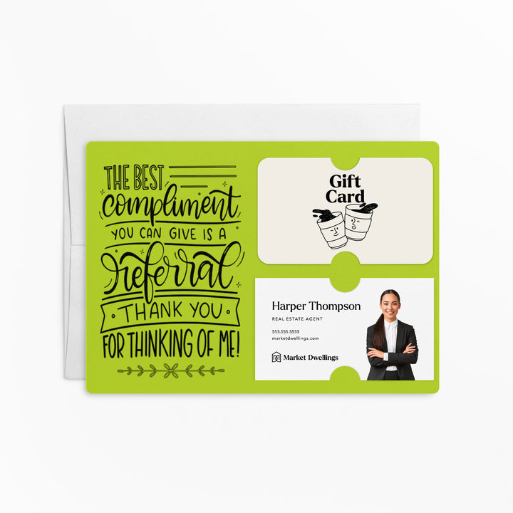 Set of "The Best Compliment You Can Give is a Referral" Gift Card & Business Card Holder Mailer | Envelopes Included | M16-M008 Mailer Market Dwellings GREEN APPLE