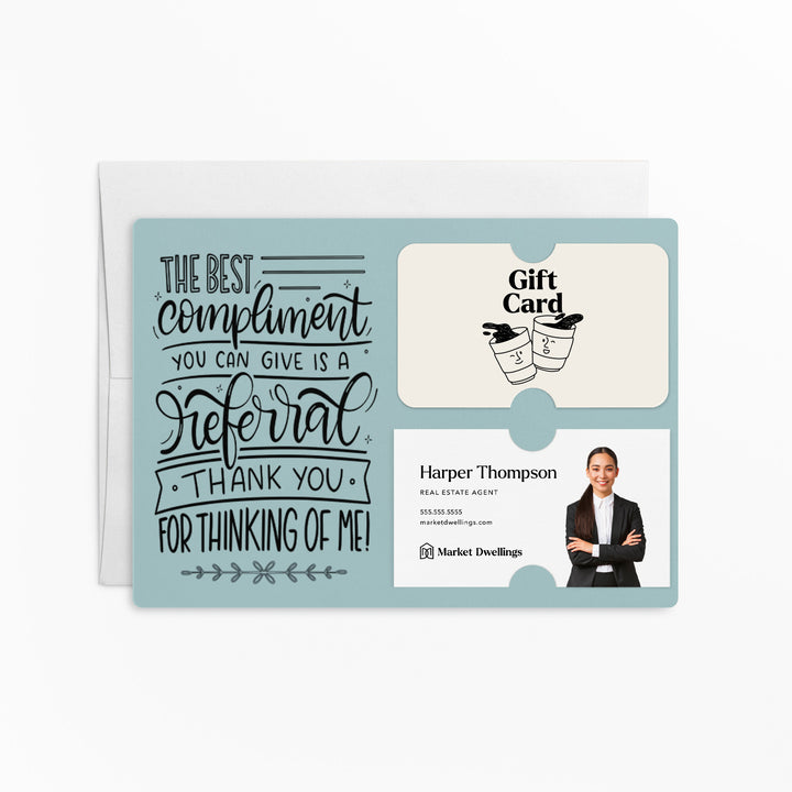 Set of "The Best Compliment You Can Give is a Referral" Gift Card & Business Card Holder Mailer | Envelopes Included | M16-M008 Mailer Market Dwellings LIGHT BLUE