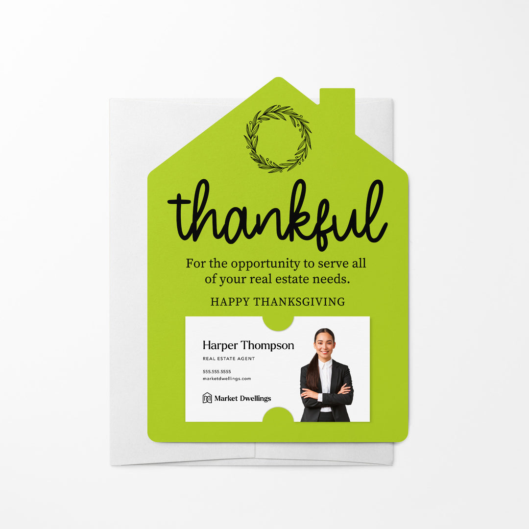 Set of Thankful Real Estate Thanksgiving Mailers | Envelopes Included | M17-M001 Mailer Market Dwellings GREEN APPLE