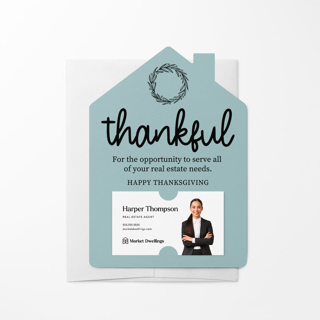 Set of Thankful Real Estate Thanksgiving Mailers | Envelopes Included | M17-M001 Mailer Market Dwellings LIGHT BLUE