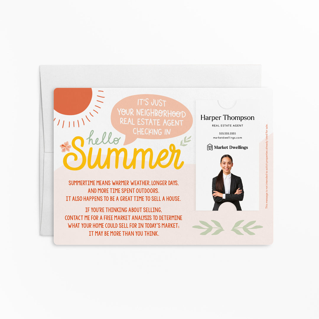 Vertical | Set of "Hello Summer" Real Estate Neighbor Double Sided Mailers | Envelopes Included | Summer | M17-M005 Mailer Market Dwellings