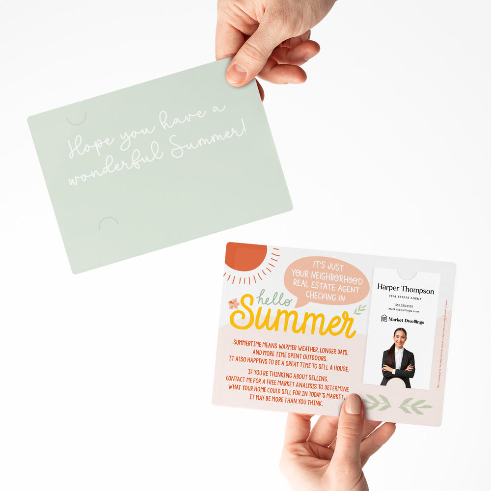 Vertical | Set of "Hello Summer" Real Estate Neighbor Double Sided Mailers | Envelopes Included | Summer | M17-M005 Mailer Market Dwellings