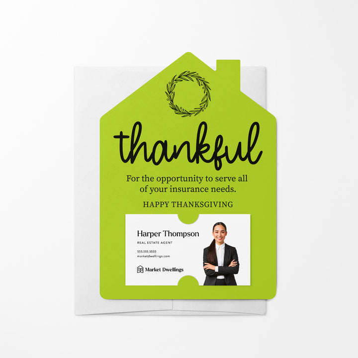 Set of Thankful Insurance Thanksgiving Mailer | Envelopes Included | M18-M001 Mailer Market Dwellings GREEN APPLE