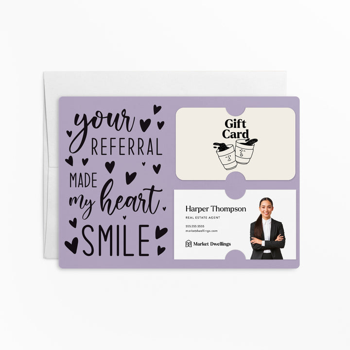 Set of "Your Referral Made My Heart Smile" Gift Card & Business Card Holder Mailer | Envelopes Included | M2-M008 Mailer Market Dwellings LIGHT PURPLE