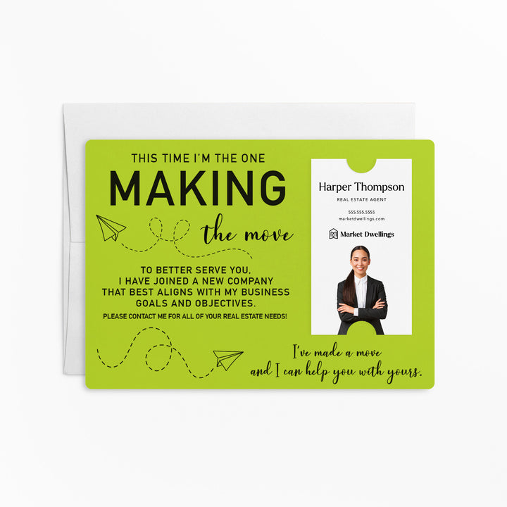 For Vertical Business Cards | Set of "This Time I'm the One Making the Move" Mailer | Envelopes Included | M20-M005 Mailer Market Dwellings GREEN APPLE