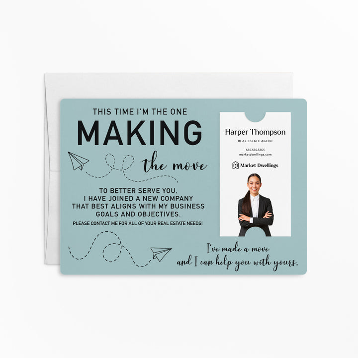 For Vertical Business Cards | Set of "This Time I'm the One Making the Move" Mailer | Envelopes Included | M20-M005 Mailer Market Dwellings LIGHT BLUE