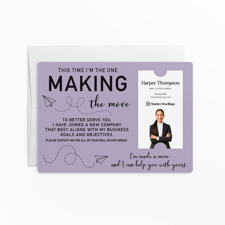 For Vertical Business Cards | Set of "This Time I'm the One Making the Move" Mailer | Envelopes Included | M20-M005 Mailer Market Dwellings LIGHT PURPLE