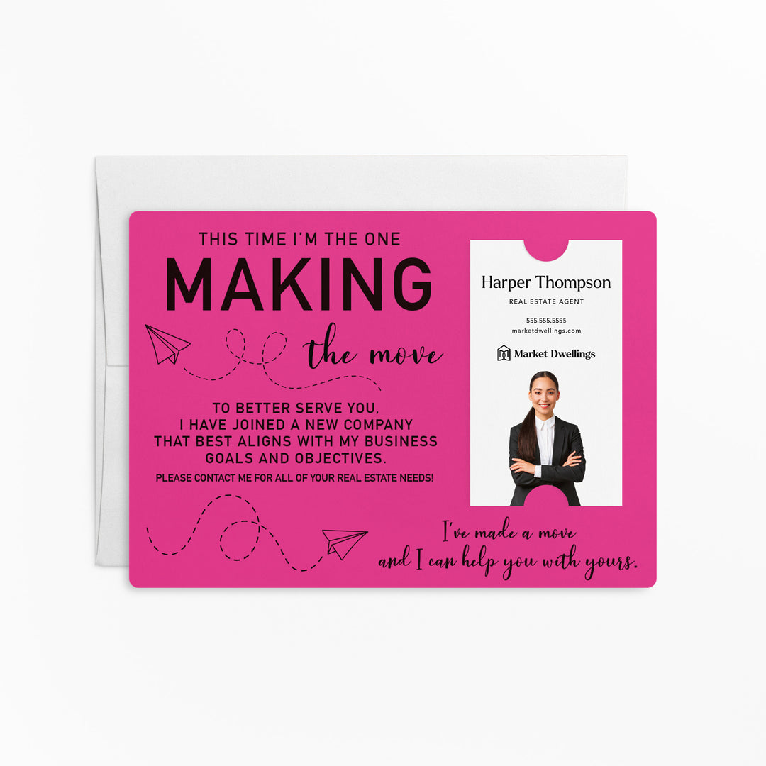 For Vertical Business Cards | Set of "This Time I'm the One Making the Move" Mailer | Envelopes Included | M20-M005 Mailer Market Dwellings RAZZLE BERRY