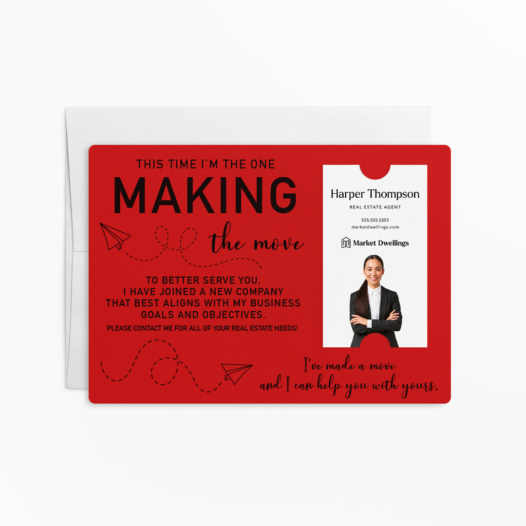 For Vertical Business Cards | Set of "This Time I'm the One Making the Move" Mailer | Envelopes Included | M20-M005 Mailer Market Dwellings SCARLET