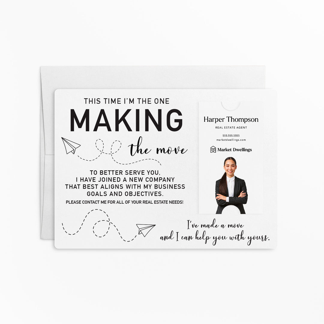 For Vertical Business Cards | Set of "This Time I'm the One Making the Move" Mailer | Envelopes Included | M20-M005 Mailer Market Dwellings WHITE