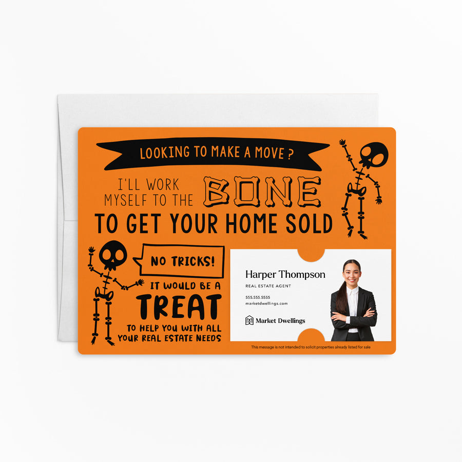 Set of Halloween "I'll Work Myself to the Bone to Get Your Home Sold" Mailer | Envelopes Included | M21-M003 Mailer Market Dwellings CARROT