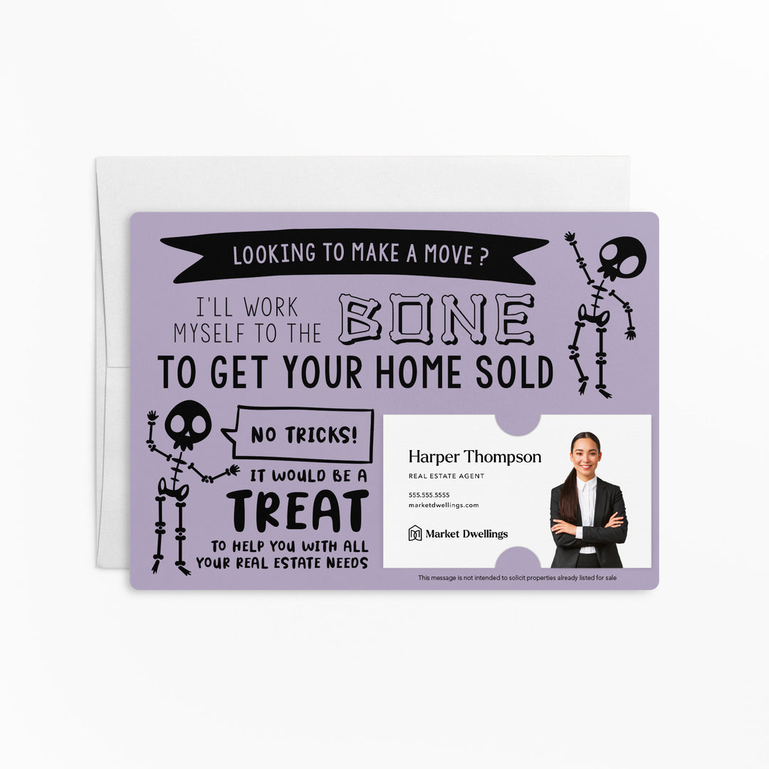 Set of Halloween "I'll Work Myself to the Bone to Get Your Home Sold" Mailer | Envelopes Included | M21-M003 Mailer Market Dwellings LIGHT PURPLE