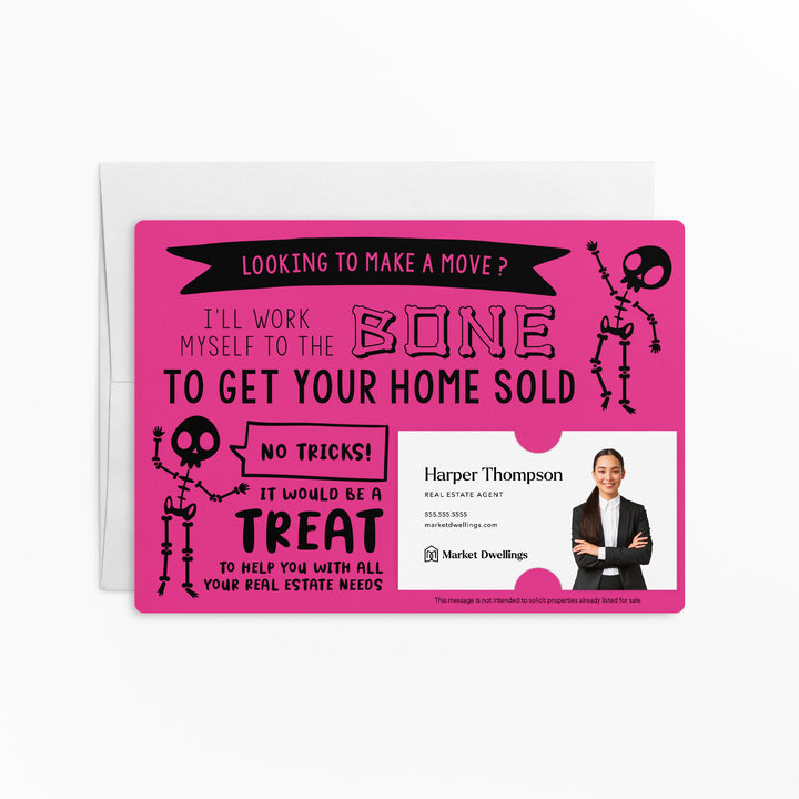 Set of Halloween "I'll Work Myself to the Bone to Get Your Home Sold" Mailer | Envelopes Included | M21-M003 Mailer Market Dwellings RAZZLE BERRY