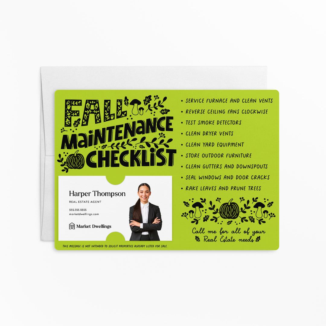 Set of Fall Maintenance Checklist Real Estate Mailers | Envelopes Included | M21-M004 Mailer Market Dwellings GREEN APPLE